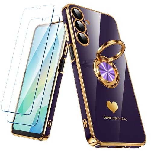 Nonional for Samsung Galaxy A16 5G Case with 2 Pack Screen Protector, 360° Rotatable Ring Holder [Luxury Hearts Pattern] Plating Gold Edge Slim Soft Phone Cover Case for Galaxy A16 - Purple