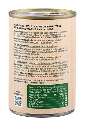PRIMOX® Fleischmecker Hunde-Nassfutter | Getreidefrei | 70% Fleisch & Innereien | Made in Germany & 100% Natürlich | Omega-3 für Haut & Fell | Gluten- & Laktosefrei (Wild, 6x400 g)