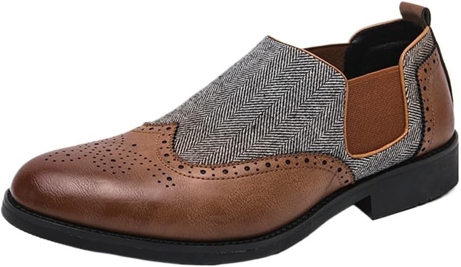 Men’s British Style Brogue Dress Shoes – Pointed Toe Slip-On Genuine Leather Business Formal Shoes for Office & Wedding Brown