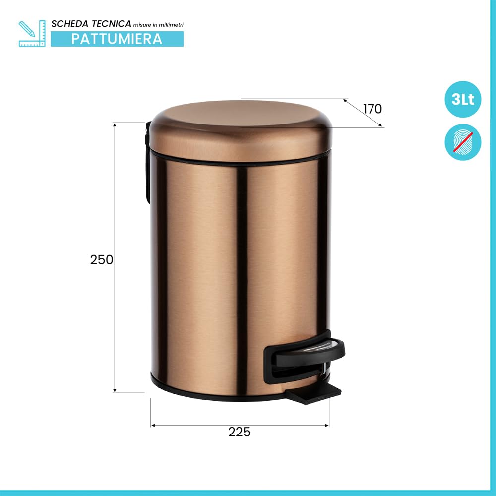 Inbagno Pattumiera Bagno 3 Litri A Pedale In Acciaio Inox Rame Opaco – Cestino Rifiuti Anti-Impronta