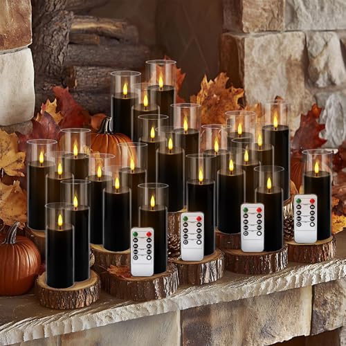 Image of fclayvts 24Pack Black Flickering Flameless LED Candles with Remote & Timer, Small Pillar Acrylic LED Candles Perfect for Indoor /Outdoor Decor,Wedding,BBQ and Gift - Easily Create a Magical Atmosphere.
