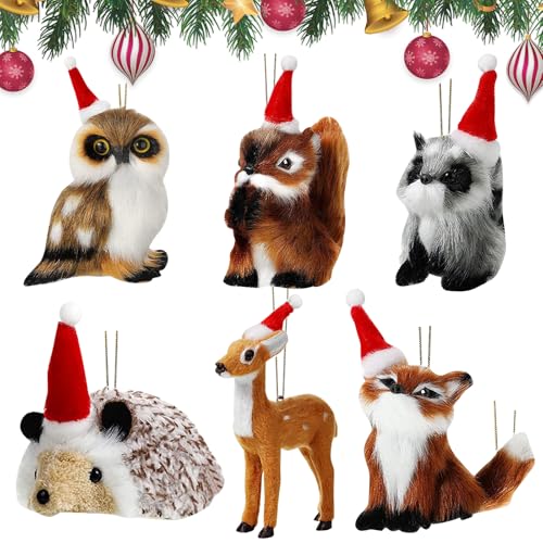 6 Stück Plüsch Tier Ornament Woodland Weihnachten Ornamente Kunstpelz Tier Ornamente mit Weihnachtsmütze Schlüsselanhänger Dekoration für Weihnachtsbaum hängenden Dekorationen
