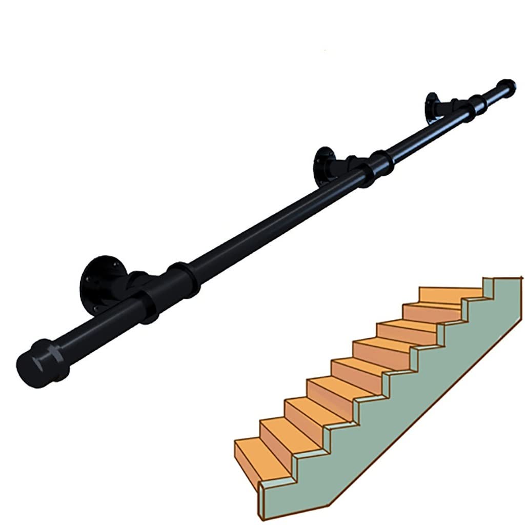 Gyeqxkt Black Industrial Wrought Iron Pipe Stair Railing Wallmounted Support Bar 1Ft15ft Adjustable Length Safe Corridor Handrail (Color: Size: 8Ft/244Cm)