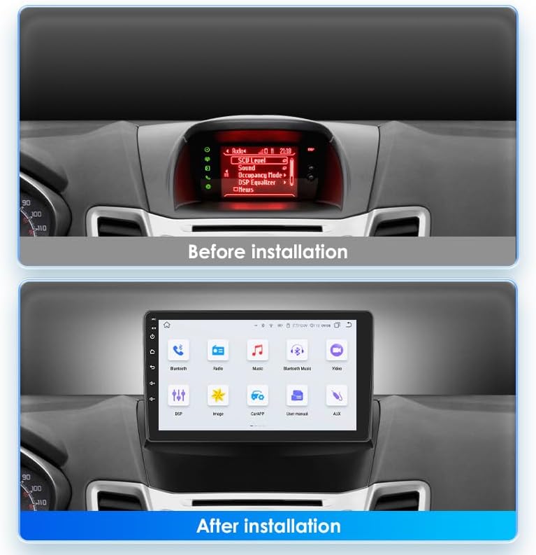 Before and after installation of the PLKEQS M300S car stereo in a Ford Fiesta dashboard.