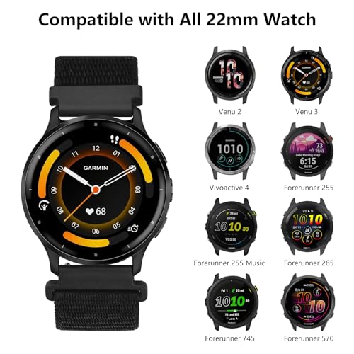 5 Pack Nylon Loop Sport Band Compatible with Garmin Venu 4 45mm/Vivoactive 4/Venu 2/Venu 3,22mm Breathable Soft Band Adjustable Watch Straps for Garmin Forerunner 255/265/745/955/965 Women Men