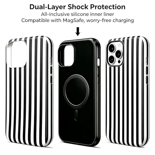 Image of for iPhone 13 /14 Case Cute Phone Case,Compatible with MagSafe,Dual Layer Shockproof Protective Phone Cover,Hard Shell + Silicone Cover,Fashion Design for Women Girls,Striped Black