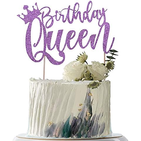 YUINYO Handmade Glitter Queen Birthday Cake Topper, Happy Birthday Cake Bunting Decor, Birthday Party Decoration Supplies (Purple) Cover
