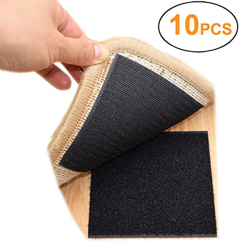 Rug Anchors Carpet Hook and Loop Non-Slip Mat Anti-Skid Stickers Square (10PCS, Black)