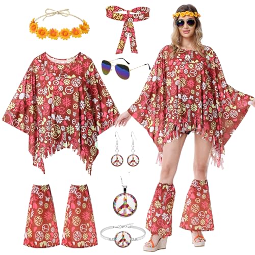 PATEMZON Disfarce hippie mulher, 8 peças disfarce anos 70 mulheres, roupa hippie para senhoras conjunto com bandana, colar de paz, ornamentos e óculos de sol, poncho hippie para carnaval, discoteca