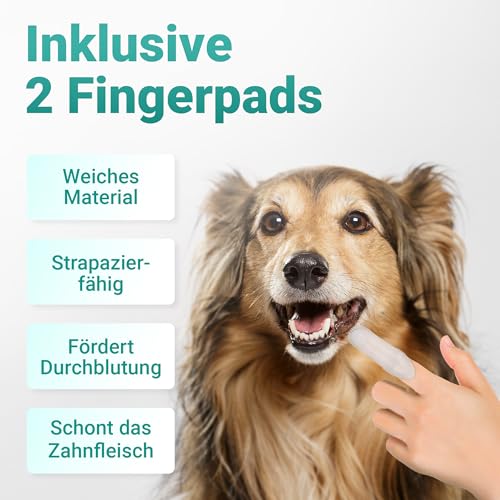 emmi-pet Zahnpflegeset für Hunde - 1x3köpfige Hundezahnbürste mit 1x Hundezahnpasta und 2x Fingerzahnbürste (Blau, Erwachsene - Senioren)