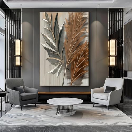 Art mural abstrait 80x110 cm tableau sur toile avec cadre gris et marron