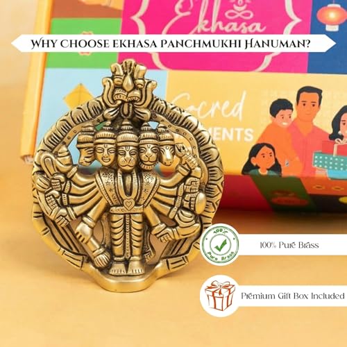 Image of Ekhasa 100% Pure Brass Panchmukhi Hanuman Idol with Gift Box | Bajrangbali God Statue for Home Door Entrance Main Door Vastu Protection | Religious Housewarming Grah Pravesh Gift