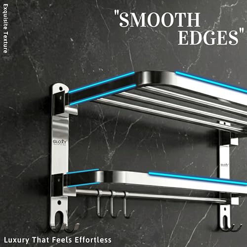 Image of Gloxy Premium 18 Inch Towel Holder in Bathroom - Stainless Steel Towel Rack & Folding Bathroom Hangers for Clothes with Chrome Finish - Wall Mounted Towel Stand with Multipurpose Hooks