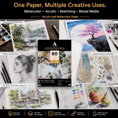 Image of ArtRight Artists' Acrylic Paper (A3 Pack of 80 Sheets, 300 GSM); 300 GSM Handmade Sheets for Gouache & Mixed Media Paintings