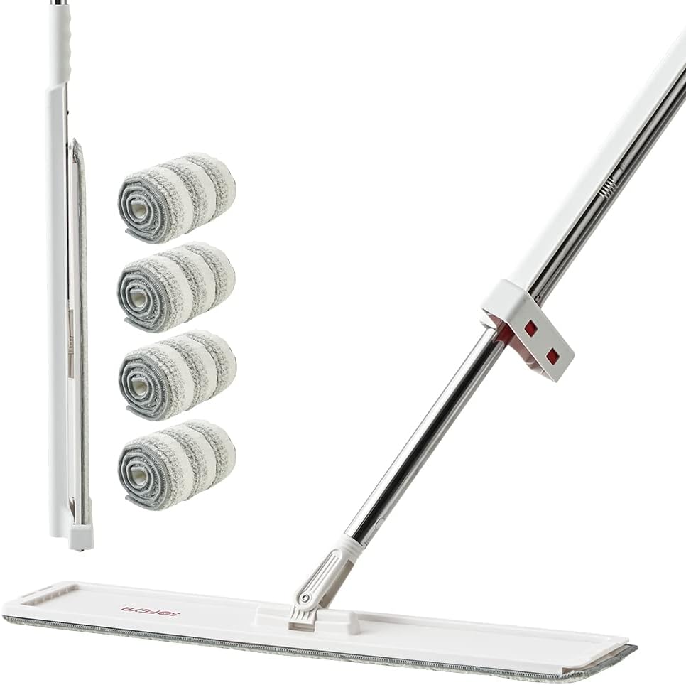 Sofeya Self Wringing Flat Mop with 4 Microfiber Washable & Reusable Pads Hand-Free Mop for Home Floor Cleaning Squeeze Mop 360° with Stainless Steel Handle Wet and Dry Use on Hardwood Laminate Tile
