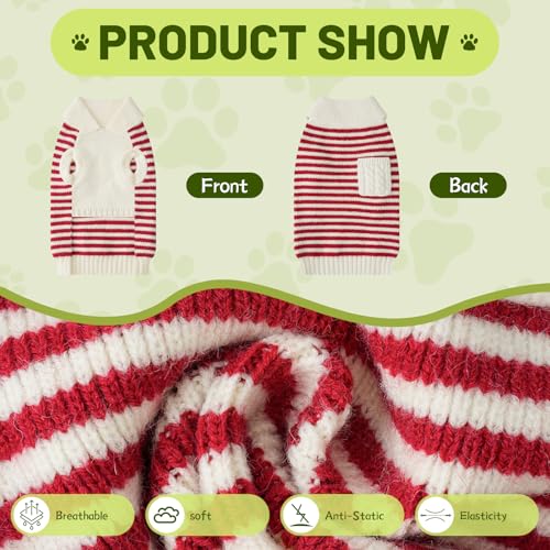 Image of Small Dog Sweater, Knitted Striped Pullover Dog Clothes for Cold Weather, Thick Warm Cozy Stretchy Sweater for Chihuahua, Bulldog, Dachshund, Pug(Red & White Strip, M)