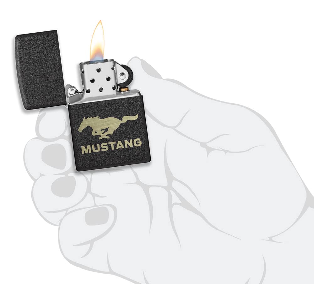 Zippo Accendino antivento – Ford Mustang – Nero Crakle – Ricaricabile, uso a vita – Fiamma regolabile – Confezione regalo – Una scatola – Costruzione in metallo – Made in USA