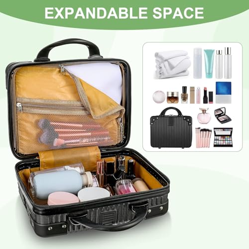 Image of ABS Hard Shell Cosmetic Travel Hand Luggage Portable Carrying Makeup Case Suitcase Organizer Box Vanity Mini Suitcase Small Accessory Bag, 30 cm, No Wheels (Black)