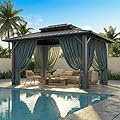 HOTEEL 10x12 Hardtop Gazebo Hot Tub Gazebo with Flame-Retardant Curtain Netting, Heavy Duty Pavilion with Galvanized Steel Double Roof, Aluminum Frame Outdoor Canopy for Patio, Party (2025 Upgraded)