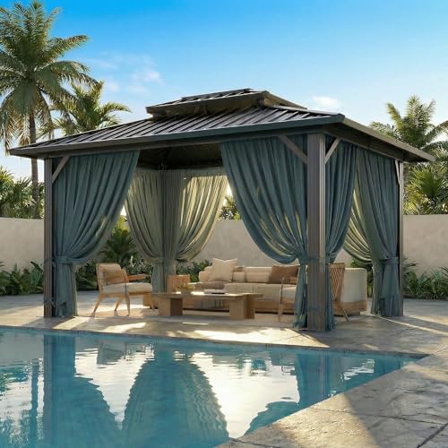 HOTEEL 10x12 Hardtop Gazebo Hot Tub Gazebo with Flame-Retardant Curtain Netting, Heavy Duty Pavilion with Galvanized Steel Double Roof, Aluminum Frame Outdoor Canopy for Patio, Party (2025 Upgraded)
