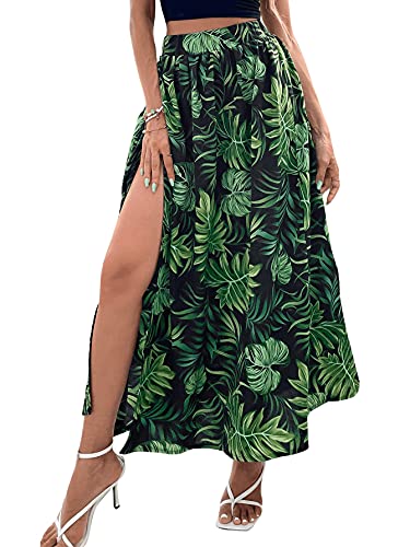 Sweatyrocks Women's Casual Split Hem Elastic High Waist Maxi Long Skirt Green Black L #TOP3