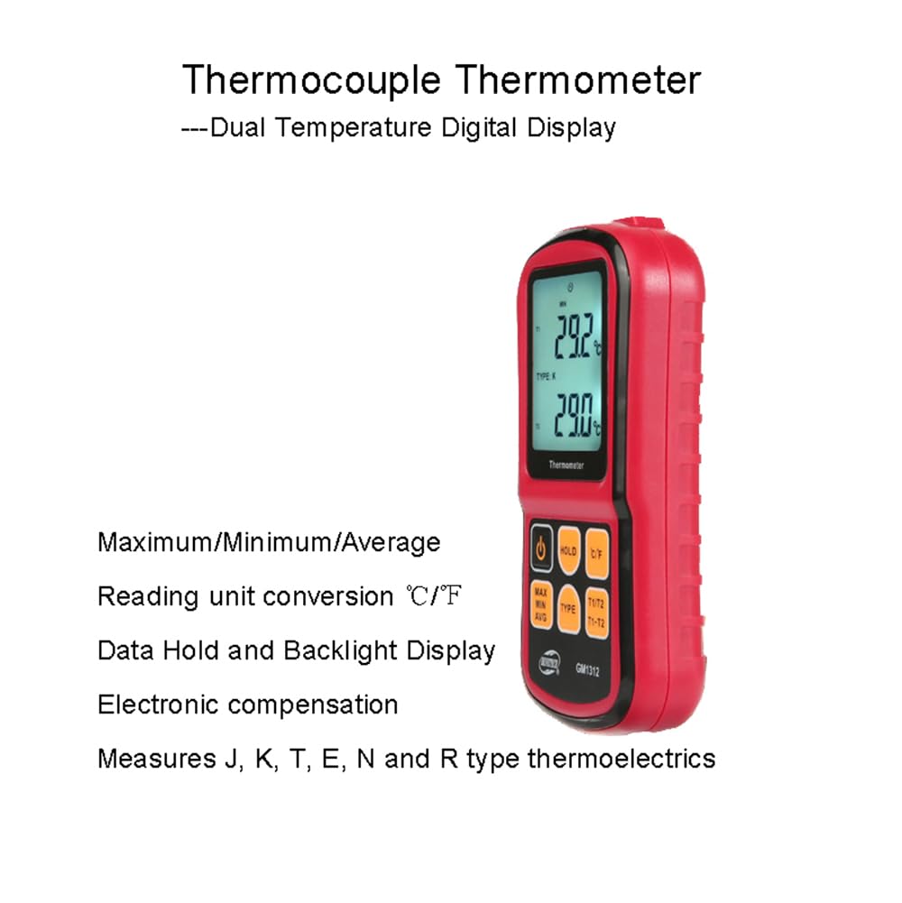 ThreeH Termometro digitale a doppio canale LCD retroilluminato con sonde termocoppia tipo K per K/J/T/E/R/S/N