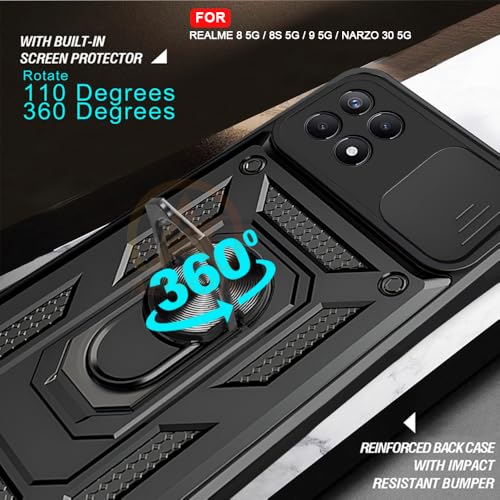Image of Armor Bumper Back Cover Case for Realme 8 5G / 8s 5G / Narzo 30 5G Rotating Camera Cover, Ring Holder & Kickstand | Heavy Duty & 360 Degree Protection Back Cover (Black)