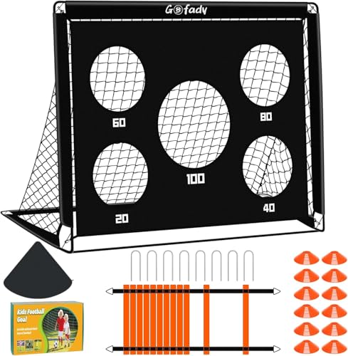 Gofady Juego de porterías de fútbol infantiles para jardín, portería de fútbol plegable con pared de portería + 12 conos + escalera de movilidad + 8 clavos en forma de U, juego de entrenamiento de