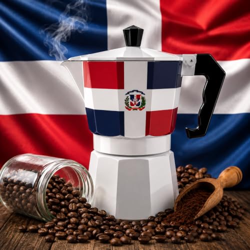 PRK 14 Dominican Republic Coffee Greca Pot Classic Domicano Stovetop Espresso Maker with DR Flag Design Traditional Moka Style Cafetera for Rich Dominican Cafe at Home 6 Cups