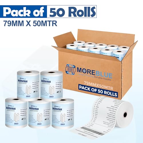 Image of MOREBLUE 79mm x 50m POS Thermal Paper Rolls Pack of 50, Receipt Billing Paper for Credit Card Machines, POS Printers, Petrol Pump Invoices