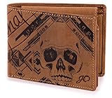 DESIGN: Die antikbraune Ledergeldbörse ist klar strukturiert, wirkt aber trotzdem lebendig - das Totenkopfmotiv schafft einen lebhaften Kontrast zu den klaren Linien. Motiv ist aufwändig eingestanzt (punziert).