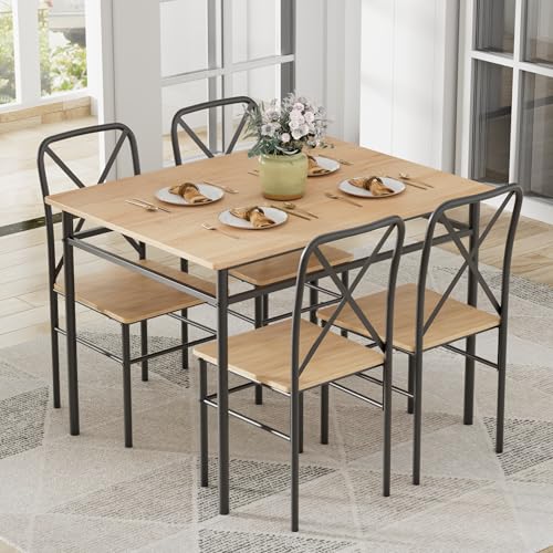 Image of VECELO Dining Table Set for 4, 5-Piece Wood Kitchen Table with Chairs for Small Space, Breakfast Nook, Space-Saving, Natural Black