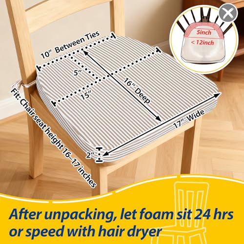 Image of AAAAAcessories D-Shaped Chair Cushions, 2 inch Thick Dining Chair Pads with Ties and Removable, Machine-Washable Cover, 17 inch x 16 inch, Set of 2, Natural Sand Pinstripe