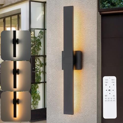 Image of Modern Outdoor Wall Light 3CCT Dimmable LED Outdoor Sconce Lights with Remote Control(3000K 4000K 6000K), 27.2 inch Black Outside Light Fixtures for House Front Door Garage Porch & Patio