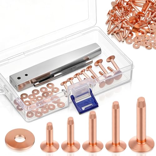 IMengjbang 50Sets Copper Rivets with Hole Punch Cutter Kit Assorted Leather Rivet Set for Leather Working Solid Brass Rivets for Repair Belts Handbags Wallets Collars Shoes Bracelets DIY Crafts