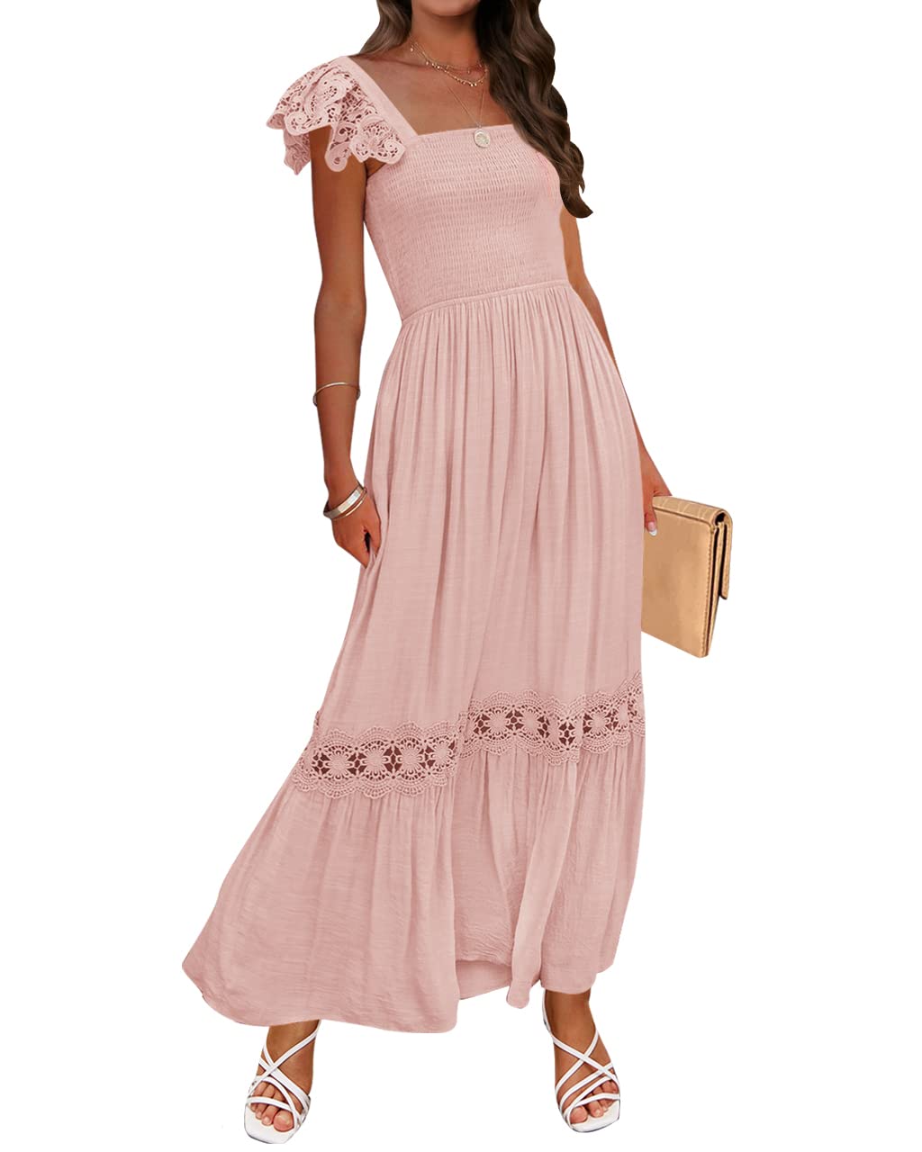 Women's 2026 Summer Lace Strap Sleeveless Square Neck Smocked High Waist Ruffle Hollow Out Flowy A Line Maxi Dress