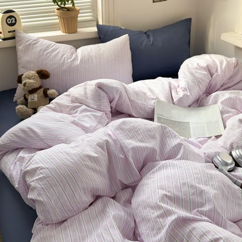 Image of EAVD Retro Striped Duvet Cover Twin Pink Grey Vertical Striped 3-Piece | Soft Washed Microfiber, Vintage Striped Bedding Set, with 2 Pillowcases, Aesthetic Stripes, Zipper Closure, for Women Girls