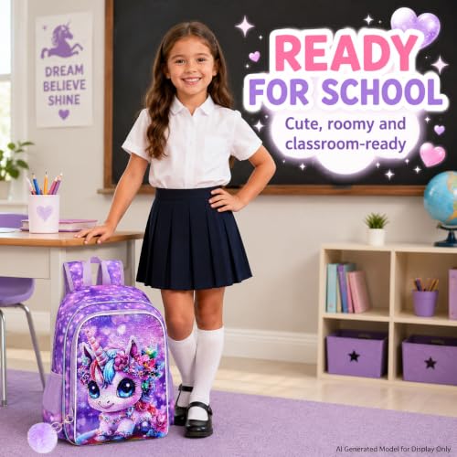 Image of 3Pcs Unicorn Backpack for Girls, 16 inch Kids Bookbag with Lunch Box，School Backpacks for Elementary Preschool Kindergarten (Purple)