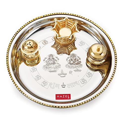 Image of HAZEL Stainless Steel Puja Pooja Aarti Thali Set | 22 cm with 1 Pc Diva | Agarbatti Incense Holder and Kumkum Wati