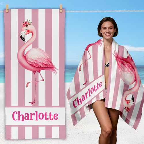 Personalized Flamingo Beach Towel with Name - Custom...