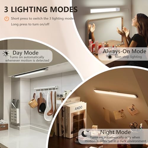 Image of Under Cabinet Lighting Wireless 4Pack, 3 Color Temps Motion Sensor Light Indoor, 8 inch Dimmable Closet Lights Battery Operated, Rechargeable LED Magnetic Light, Under Counter Lights for Kitchen, Stairs