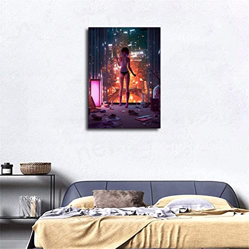 Anime Cyberpunk Game Lonely Girl Poster Wall Art Painting Canvas Print Inspirational Spiritual Room Bedroom Living Room Decor (24×36Inch- Framed) #TOP2