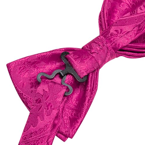 Image of Hi-Tie Bow Tie Men Pre Tied Bowtie Pocket Square Cufflinks Lapel Pin Formal Wedding Bow Ties for Men Party Tuxedo Bowtie Set,Barbie Pink Paisley Floral