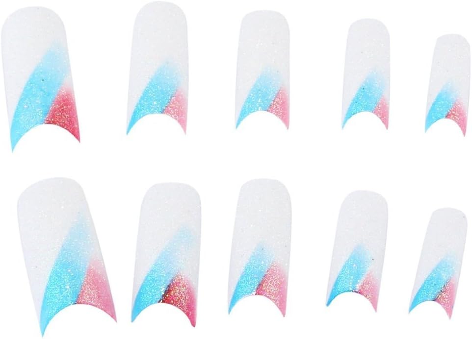 70pcs Glitter Stunning White Mixed Sky Blue Red Stripe French Acrylic False Nail Art Tips Fake Nail Tips with Box