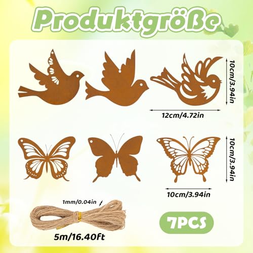 6 Stück Vögel und Schmetterlinge in Rost-Optik inklusive 5m Juteseil, warme frühlingsdeko, rustikale gartendeko frühling sowie fensterdeko frühling hängend am AST ﻿