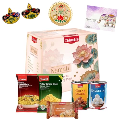 Image of Chheda's Namah Premium Gift Box - Roasted Poha Chivda, Banana Chips, Orange Soan Papdi Gulab jamun & Rasgulla | Festive Packaging | Vegetarian