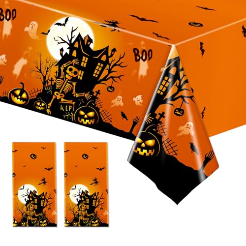 2 Pack Halloween Table Cloth Party,137x274cm Rectangle Large Plastic Orange Tablecloth Skeleton Party Tableware Decor,Halloween Tablecovers Party for Winter Holiday Halloween Party Dinner Table Cloths