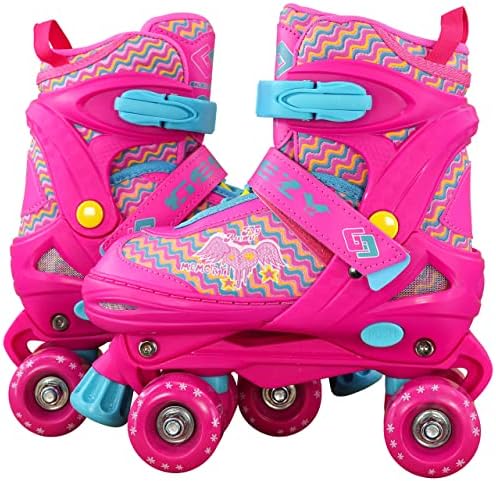 The Magic Toy Shop Kids Adjustable 4 Wheel Pink Quad Roller Skates Boots Childrens Rollers Medium UK Shoe Size 2-4