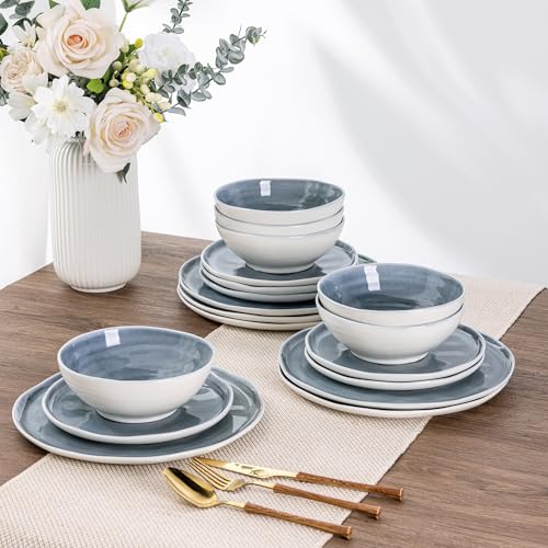 LeRatio Geschirrset für 6 Personen, 18-tlg Steingut Geschirr Set, Kratzfestes- Schüssel- und Teller-Set, Ofen-, Spülmaschinen- und Mikrowellenfestes (Beau-Blau, 18 Teile Set)