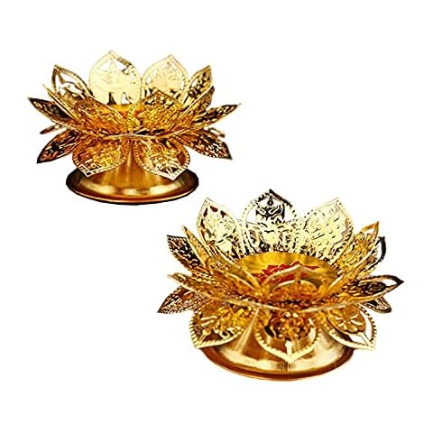 2 Pack Diwali Diya Vilakku for Puja Pooja Ghee Lamp Tealight Candle Holder Indian Puja Oil Butterlamp Lotus Diya for Diwali Pooja Buddhist Altar Supplies for Temples Deepawali Decoration Gift Cover